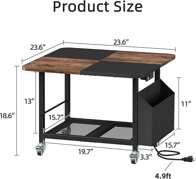 YAOHUOO 23.6"×23.6" Large Priner Stand with Power Outlet, Printer Table with Storage Side Pocket, Heavy Duty Rolling Cart for Home Office 3D Printer/Laser/Heat Press Table, Rustic Brown