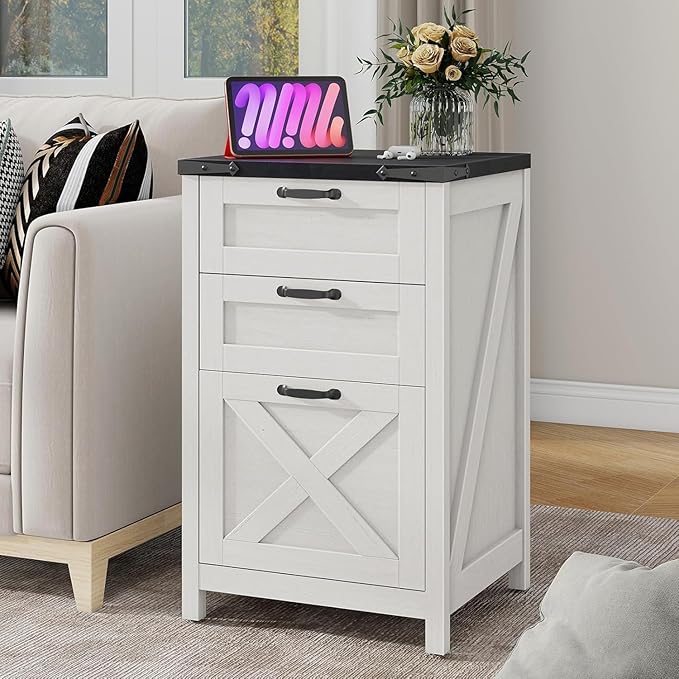 Vabches Vertical File Cabinet with 3 Drawers, Wooden Farmhouse Filing Cabinet for Letter/A4 Size Hanging Files, Under Desk Printer Stand with Storage for Home Office, White and Black