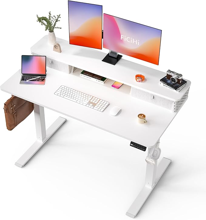 FiCiHi 48x24 Inch Standing Desk with Drawers, C-Clamp Mount Compatible, Electric Adjustable Height Computer Stand Up Desks, Home Office Sit Stand Table with 3 Preset Heights, White