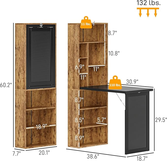 HOMCOM Foldable Convertible Writing Table, Wall Mounted Space-Saving Computer Desk with Chalkboard and Storage Shelves for Small Spaces, Home Office, Bedroom, Dorm, Apartment, Rustic Brown