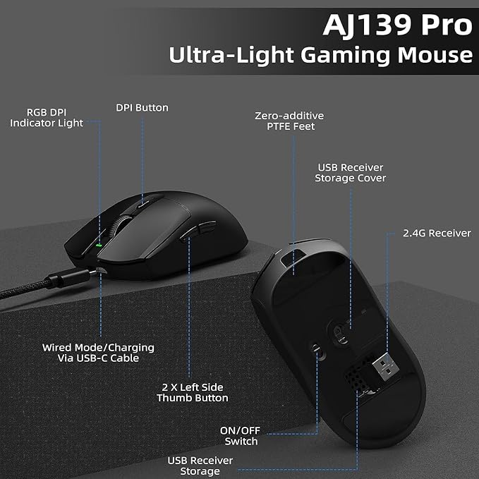 A.JAZZ AJ139 G Pro Wireless Gaming Mouse Ultra-lightweight 59g with Dual Mode-Type C Wired/2.4Ghz USB Receiver up to 26000DPI 6 Programmable Button Ergonomic Symmetric for PS4 XBox PC Mac Gamer(Black)