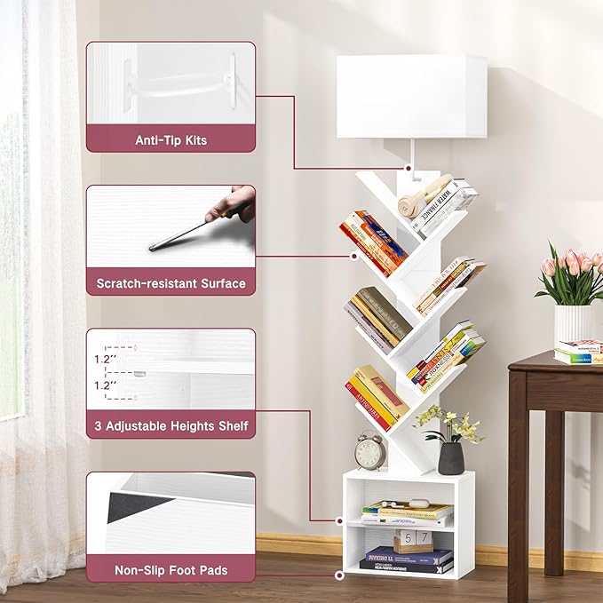 9 Tier Tree Bookshelf with Light, Remote, Timer & Cabinet, Dimmable Modern Tall Floor Standing Corner Book Shelf, Small Narrow Wood Bookcase for Living Room, Bedroom, Office(White)