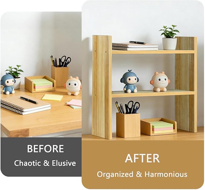 Small Desk Organizer Shelf - 2 Tier Desk Top Organizer for Desktop Storage, Wooden Office Shelves, Sturdy Desktop Bookshelf Organizers for Dorm, Cubicle, Easy to Assemble