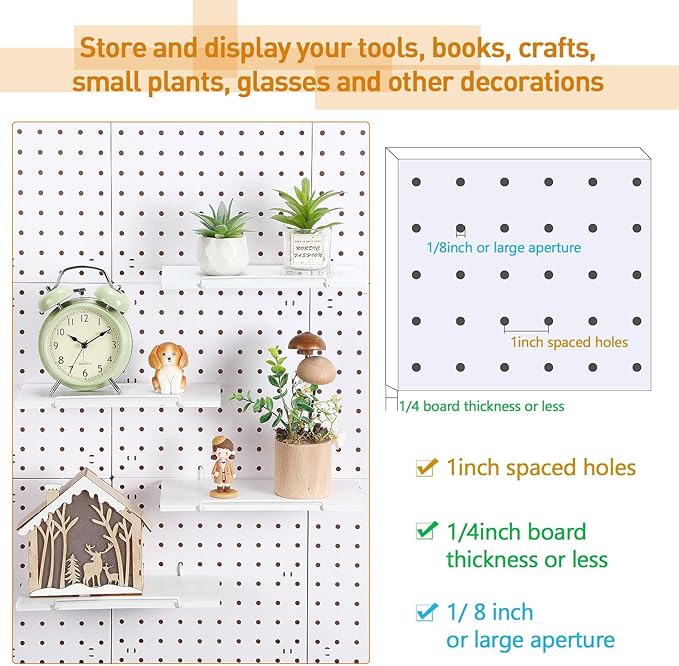Wonderjune 4 Pcs Wooden Pegboard Shelves with Metal Pegboard Shelf Brackets Peg Board Display Storage Tray Wall Organizer Peg Board Accessories for Craft Room Home Kitchen(White,9.84 x 5 Inch)