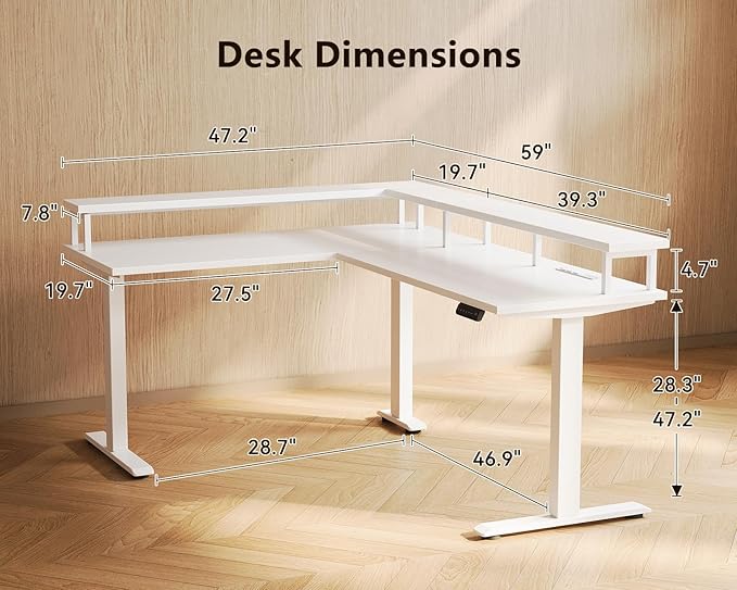 AODK Electric L Shaped Standing Desk, 59 Inch Height Adjustable Stand Up Desk with Power Outlets ＆ Full Monitor Stand, Reversible Corner Desk for Home Office ＆ Computer Workstation, White