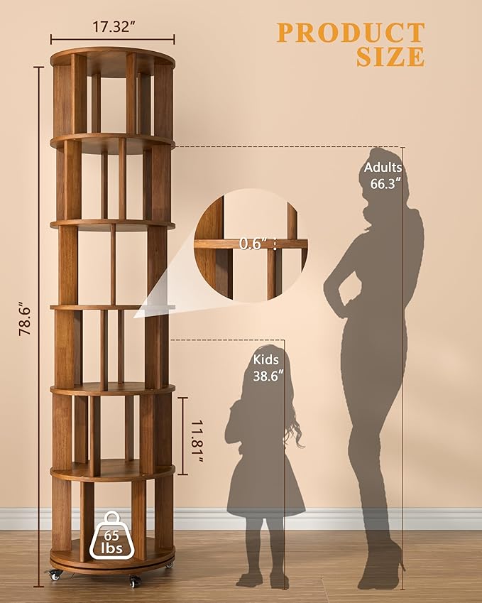 IUNVR Rotating Bookshelf, 6 Tier Solid Wood Bookshelf Tower with Lockable Wheels, 360° Spinning Revolving Bookcase for Small Spaces, Corners, Bedroom, Kids Room, Home Office, Walnut