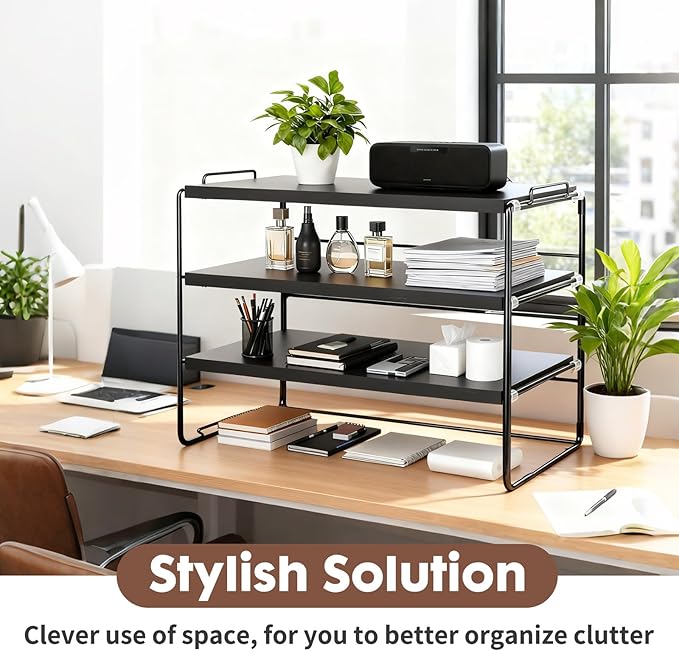 PowerKing Desk Shelf Organizer, 3-Tier Desktop Shelves with Wood Board, Adjustable Bookshelf Storage Rack for Home Office School Study Room (Black Frame + Black Wood)