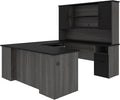 Bestar Norma U or L Shaped Executive Desk with Hutch in Black and Bark Gray, 71W | Large Corner Table for Home Office Workspace or Personal Work Area