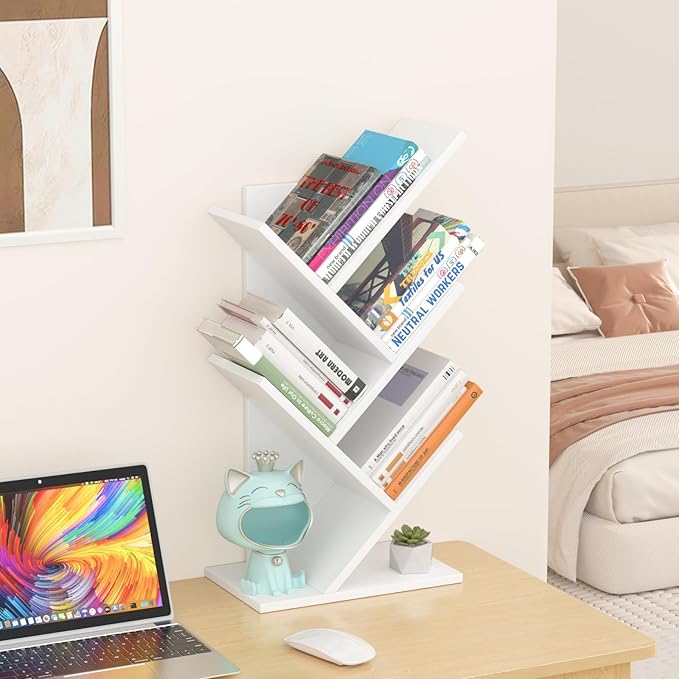 SHEEPAM 5 Tier Tree Book Shelf, Small Desktop Bookshelf with Storage Organizer, Wood Bookcase, Desk Display Bookshelves, Floor Standing Organizer Bookcases for Living Room,Bedroom,Office-White