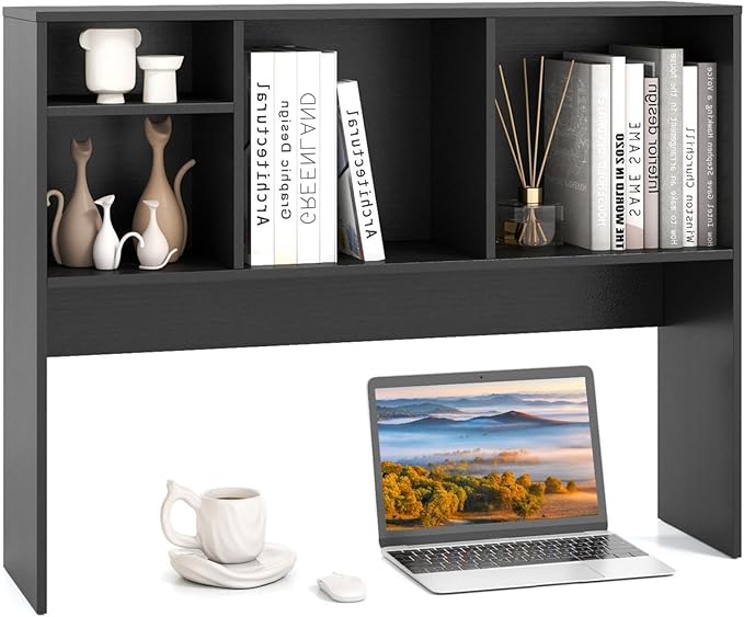ReunionG Desk Hutch 2-Tier, Wood Hutch Top Only w/4 Shelves for Computer Monitor, Laptop, Dressing Table, Desk Organizer Display Rack Desktop Bookshelf for Home, Office, Dorm (Black)