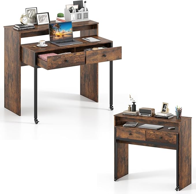 Giantex Small Computer Desk with Hutch & Drawers, Extendable Writing Desk w/Pull Out Secondary Table, Monitor Stand & Rolling Wheels, Console Table, Compact Desk for Small Spaces (Rustic Brown)