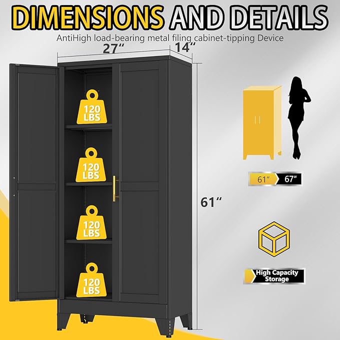 PAOFIN 61" Metal Storage Cabinet with 2 Doors and 3 Adjustable Shelves,Black Metal Garage Storage Cabinets, File Cabinet,Steel Tool Cabinets for Home,Office,Garage,School,Warehouse