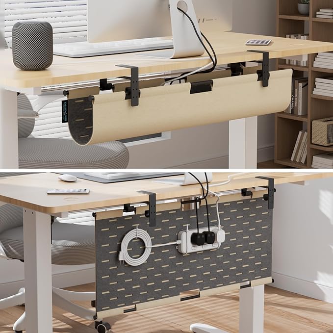 2-in-1 Under Desk Cable Management Tray & Privacy Panel, Dual-Sided Thick Felt Cord Organizer with 20 Cable Ties, Heavy Duty Steel Frame Support, No-Drill Clamp Mount, Large Capacity (Khaki/Gray, 30")