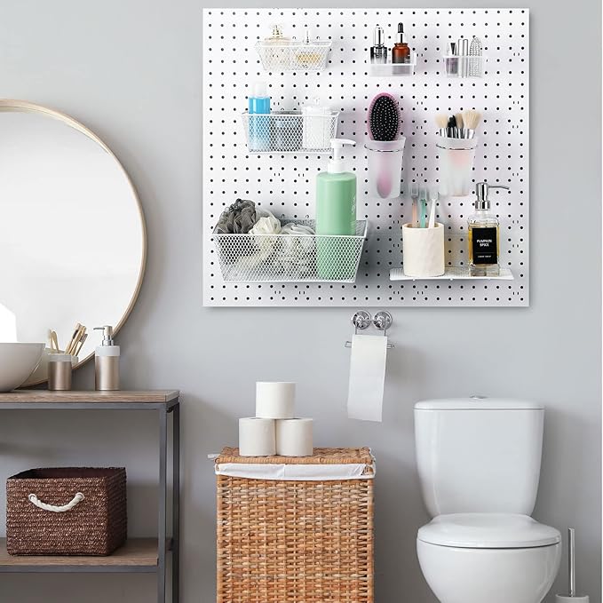 Sieral 30 Pcs Pegboard Organizer Accessories Kit Includes Peg Board Shelving Storage Basket Organizer Bins Hooks Loops Cup with Cup Holder for Garage Room Wall Attachments Tools(White, Clear, Silver)