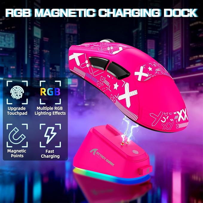 ATTACK SHARK V3PRO Wireless Esports Gaming Mouse with Magnetic Charging Dock:62g Lightweight-1K Polling-25K DPI-PAW3311 Sensor,Wired/BT/2.4Ghz Programmable,BK52820 IC for PC Mac Gamer(Berry Red+Tape)