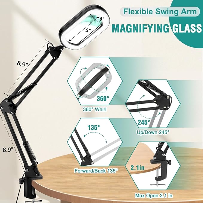 IVMAIE 10X Magnifying Glass with Light, Rectangle Real Glass, 5 Color Modes Stepless Dimmable Magnifier with Stand, LED Lighted Clamp Desk Lamp with Swing Arm, Hands Free for Reading Crafts Close Work