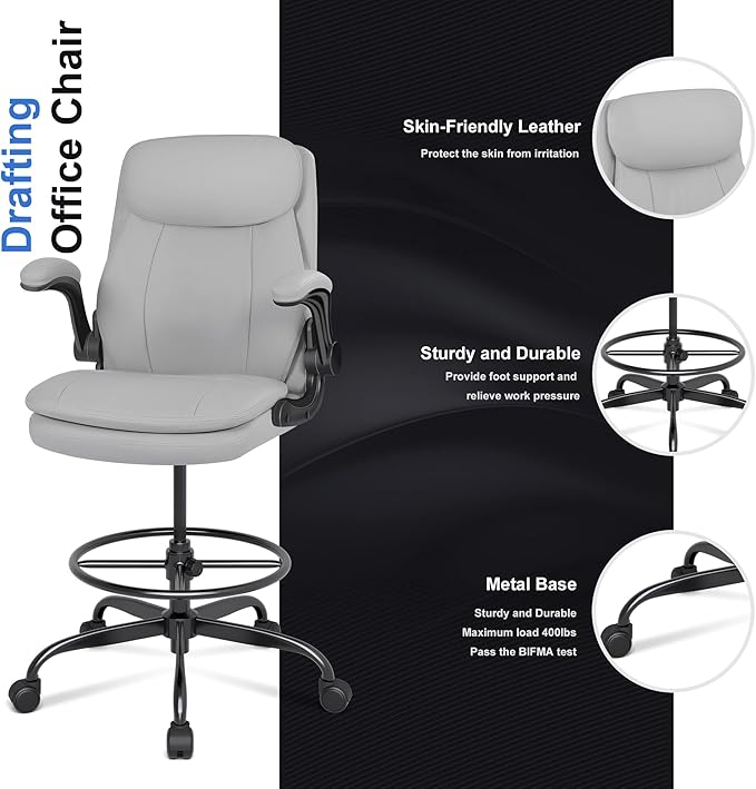 Misolant Leather Drafting Chair, Tall Office Chair for Standing Desk, High Executive Office Chair with Adjustable Height and Flip-up Armrest for Counter Height Desk