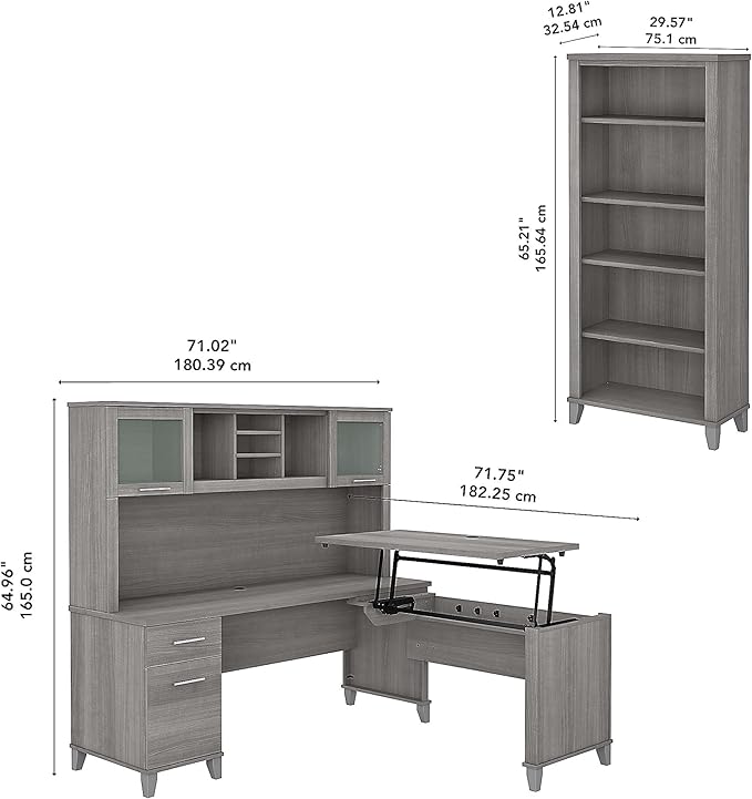 Bush Furniture Somerset 72W 3 Position Sit to Stand L Shaped Desk with Hutch and Bookcase in Platinum Gray