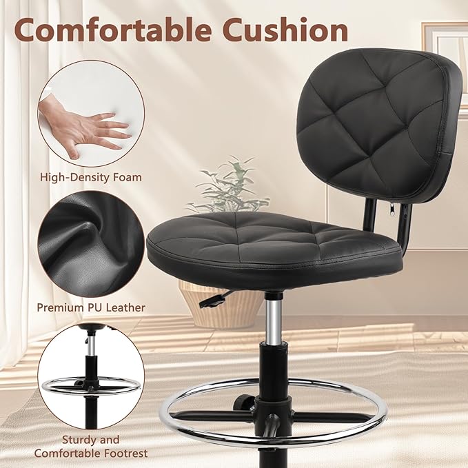 KLASIKA PU Leather Rolling Stools with Foot Rest and Back Support, Adjustable Diamond Upholstered Drafting Chair with Wheels, Multi-Purpose Desk Chair for Home Office Bar Kitchen Shop, Black (2PK)