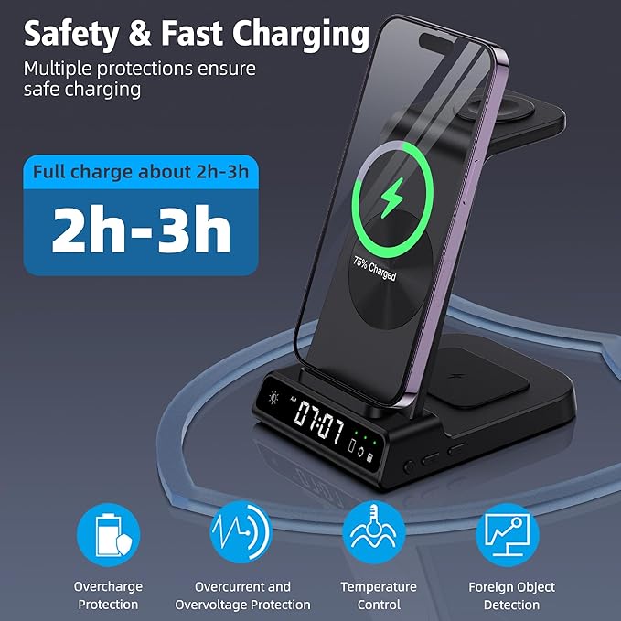 Wireless Charging Station, YiJYi 3 in 1 Watch Charger Stand with Digital Clock Suitable for iWatch SE/6/5/4/3/2/1,AirPods Pro, for iPhone 16/15/14/13/12/11 Pro Max/XS/XR/X/8/Samsung S23/S22/S21