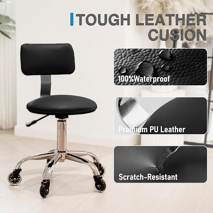 Rolling Stool Chair with Wheels, Office Drafting Chair with Back Support, Height Adjustable Standing Desk Stool with PU Leather Cushion for Home Office Kitchen Vanity Spa Garage Tattoo Dentist(Black)