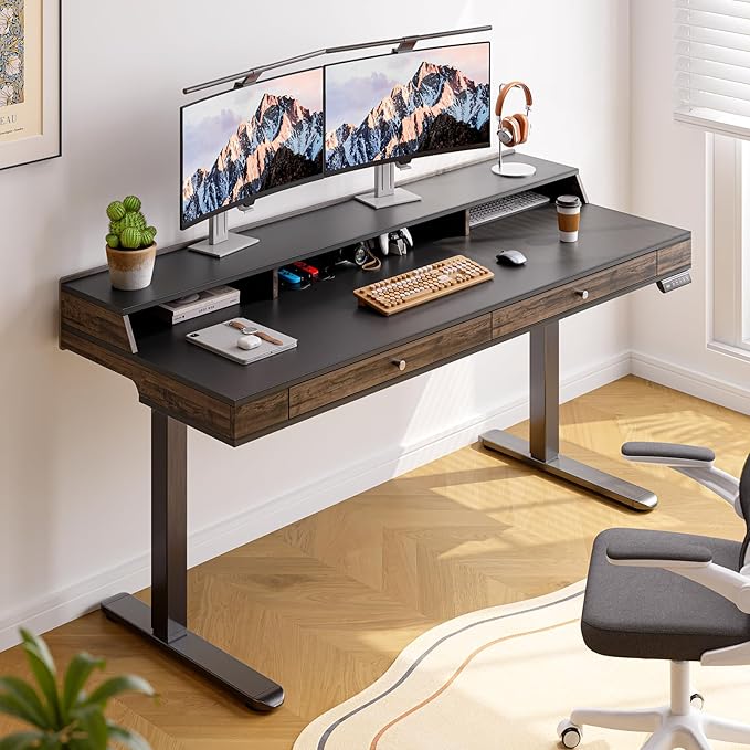 ONBRILL Modern Standing Desk with Storage, 63x23.6 Inch Electric Adjustable Height Desk with 2 Drawers, 3 Open Storage Zones, Black