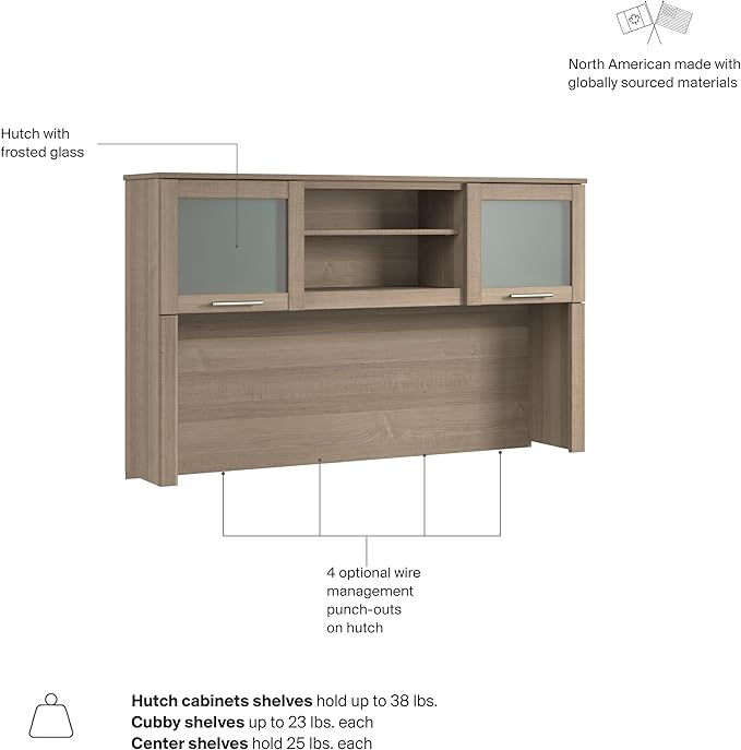 Bush Home 60-Inch Desk Hutch, Office Storage Organizer with Shelves, Cubbies and Frosted Glass Doors for Computer Desk, Home Office Furniture, Somerset Collection, Ash Gray