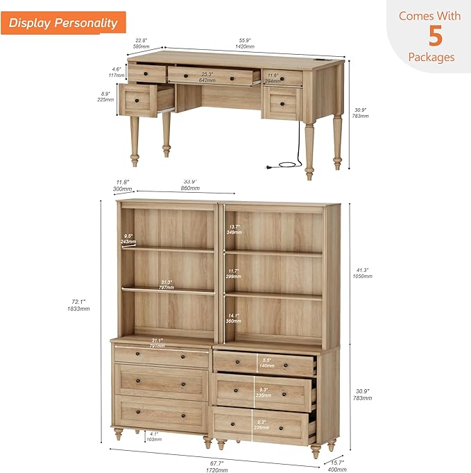 WAMPAT Home Office Furniture Set, 56'' Executive Desk with Charging Station, 72" Tall Bookcase with 6 Drawers, Wood Computer Desk with File Cabinet Storage, Open Shelf, Oak