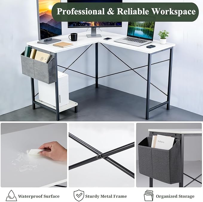 L Shaped Desk, 50 Inch Reversible Computer Desk Corner Gaming Table with CPU Stand & Storage Bag, Sturdy Metal Frame PC Workstation for Home Office, White Wood