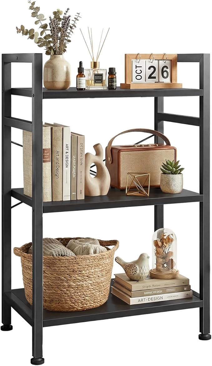 3 Tier Bookshelf, Free Standing Wooden Bookcase with Open Storage Shelves with Metal Frame, Sturdy Shelf Organization Display Rack for Living Room, Bedroom, Home Office, 27.6" Tall, Black