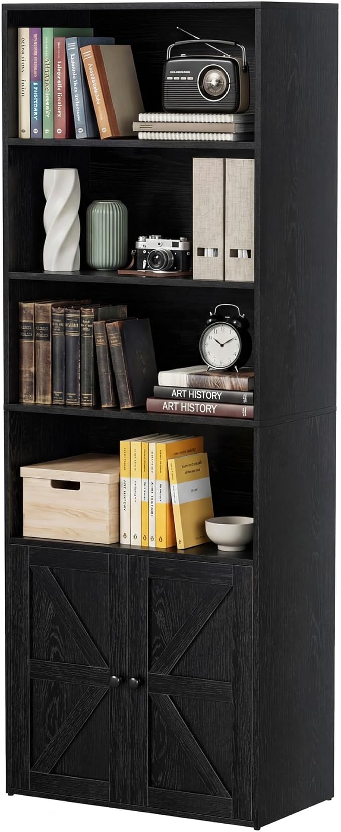 YESHOMY Farmhouse Bookshelf and Bookcase with Doors, Industrial Bookshelves and Bookcases Floor Standing Display 6-Tier Shelf Storage Shelves 71.5 inchs for Home Office, Living Room, Black, 1 PCS