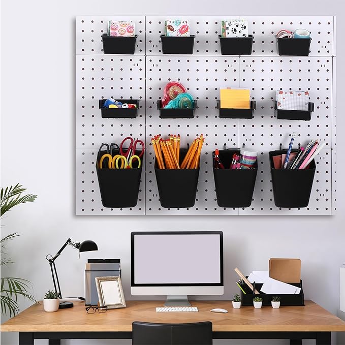 Uiifan 18 Set Pegboard Bins Kit Plastic Pegboard Cups with Metal Hooks Wall Containers Organizer Accessories with Label Stickers for DIY Tools Craft Office Workshop Garage Storage(Black)