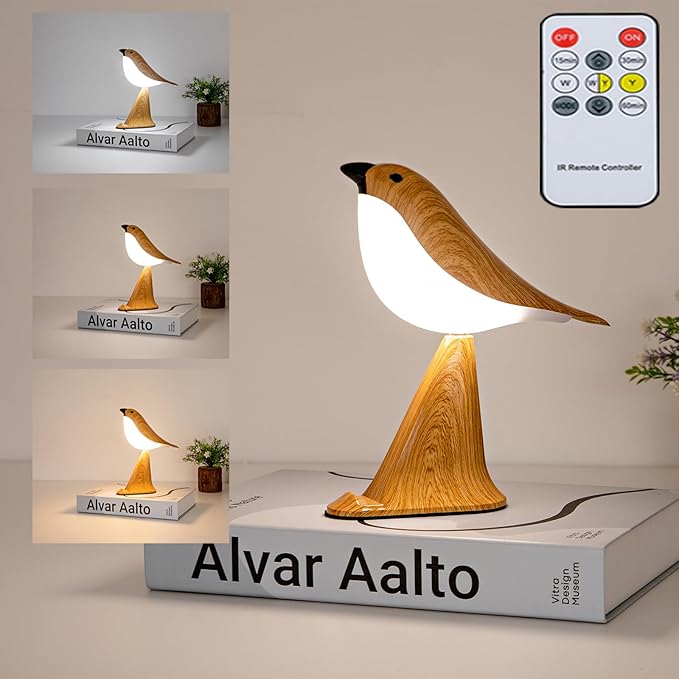 Small Bird Desk Lamp, Rechargeable Cordless Table Lamp with 3 Color Temperatures, Remote Control & Touch Sensor, Multi-Function Battery Operated Bird Night Light for Bedroom, Kids, 1 Pack