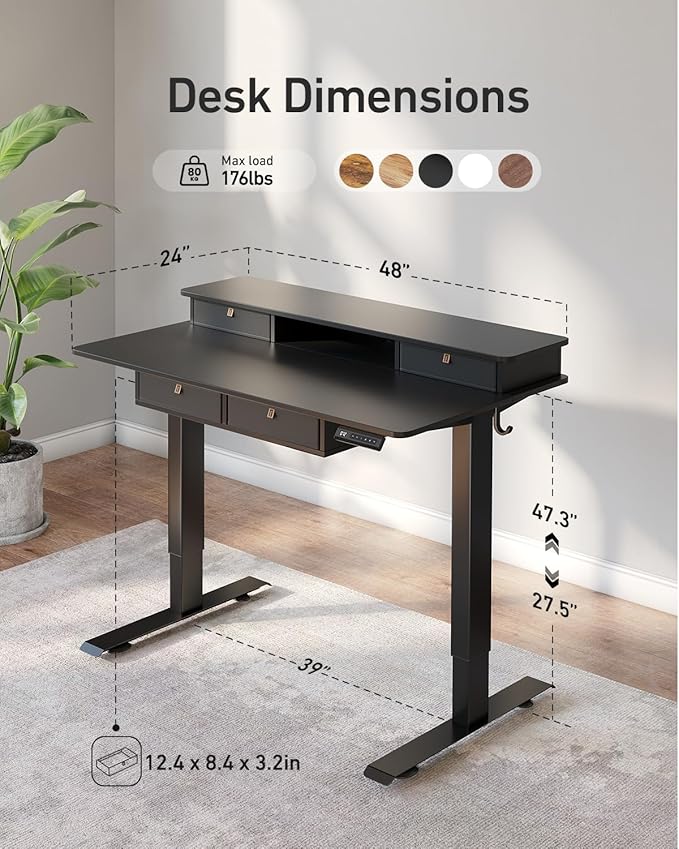 CubiCubi 48" x 24" Standing Desk with Drawers, Height Adjustable Electric Workstation, Computer Sit Stand Up Table with Large Storage Shelf 4 Drawers and 2 Hooks, Black