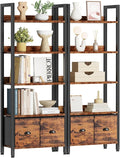 Furologee 5-Tier Bookshelf Set of 2,Tall Bookcase with 2 Drawers and Shelves, Industrial Display Free Standing Shelf Units, Storage Rack Organizer for Bedroom, Living Room, Home Office, Rustic Brown