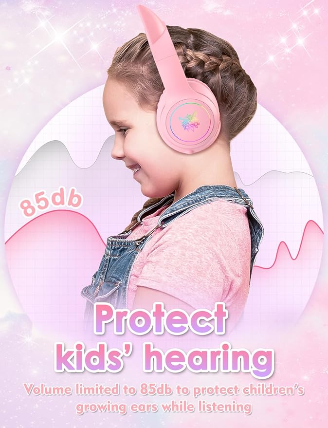 Bluetooth Kids Headphones with Microphone, Cat Ear LED Light Up and 85dB Volume Limited Toddlers Study Headphone, Wireless Foldable HI-FI sound Over-Ear School Headphones for iPhone/iPad/Laptop/PC