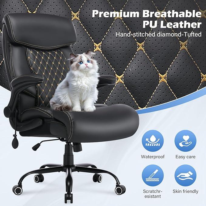 500LBS Big and Tall Office Chair,Comfy Heavy Duty Executive Chair with Adjustable Lumbar Support for Back Pain,High Back Desk Chair with Extra Wide Seat for Home Office