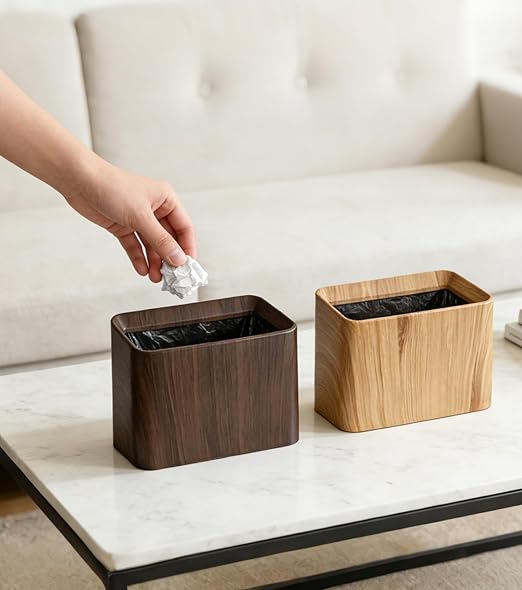 Countertop Trash Can, Mini Desktop Trash Can Open Top 0.5 Gal/2 L(with 90 Bags), Dark Wood Grain Small Plastic Tabletop Garbage Cans, Tiny Desktop Waste Basket for Office, Bedroom, Car