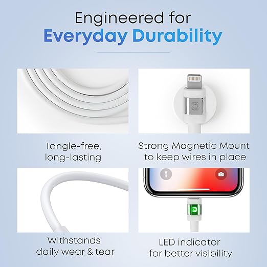 3ft LED Phone Lightning Cable with Magnetic Tip, Magnetic Cord Holder & Green Night Glow Light – Durable Fast Charger Cable for iPhone 5–14 and More
