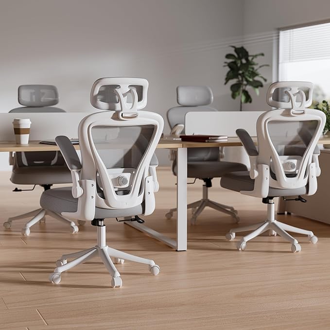 SeekFancy Ergonomic Office Chair M903, Computer Desk Chair with Wheels, High Back Mesh Office Chair with Adjustable Lumbar Support, Headrest, Flip-Up Armrests, White Grey