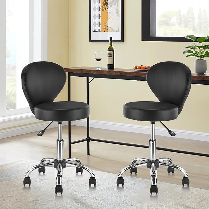 KLASIKA Pu Leather Round Rolling Swivel Salon Stool Chair, with Adjustable Height and Back Support for Office Massage Facial Spa Medical Drafting Tattoo Beauty Barber Black 1PK