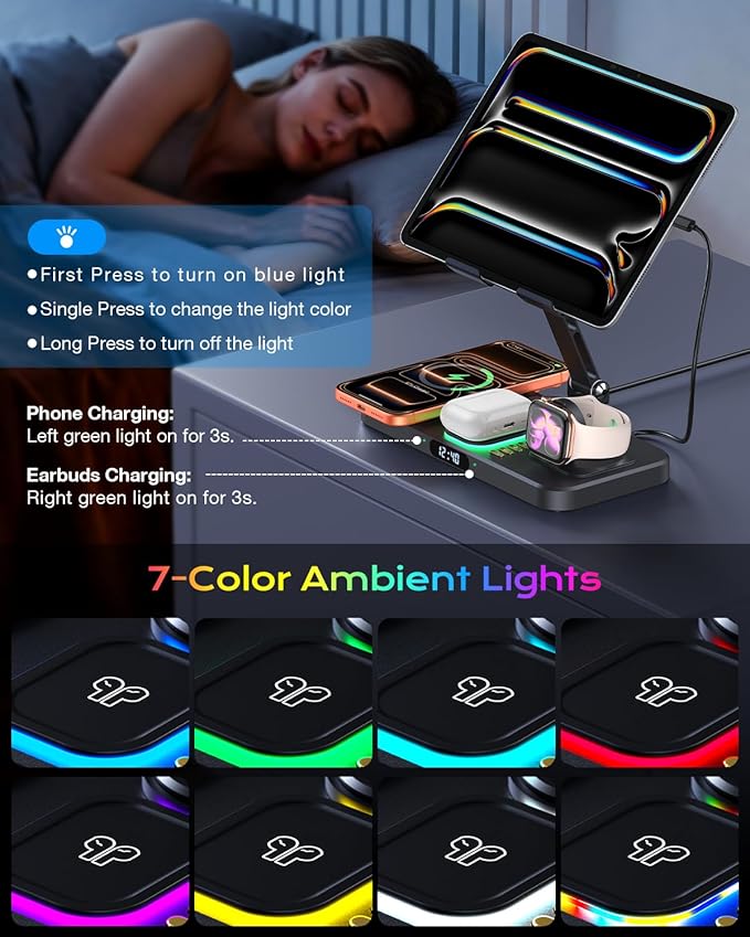 Magnetic Wireless Charging Station with 45W Adapter for Apple Devices, 20W Fast Foldable Wired Charging Stand for iPad with Clock & Night Light, Fast Mag-Safe Charger for iPhone 17, iWatch & AirPods