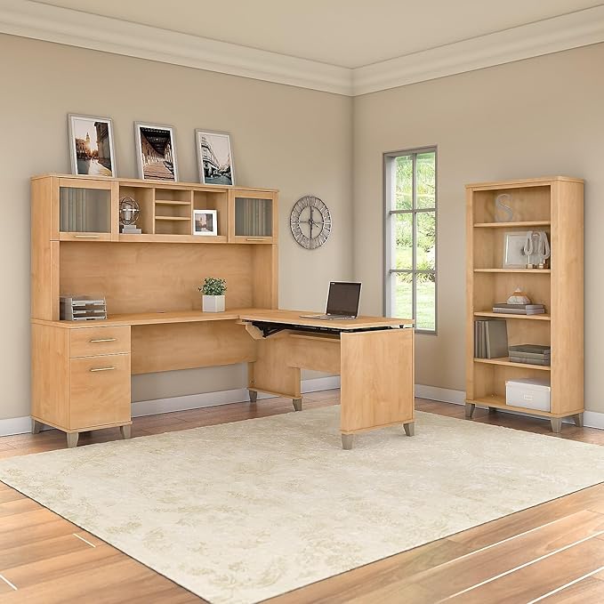Bush Furniture Somerset 72W 3 Position Sit to Stand L Shaped Desk with Hutch and Bookcase in Maple Cross