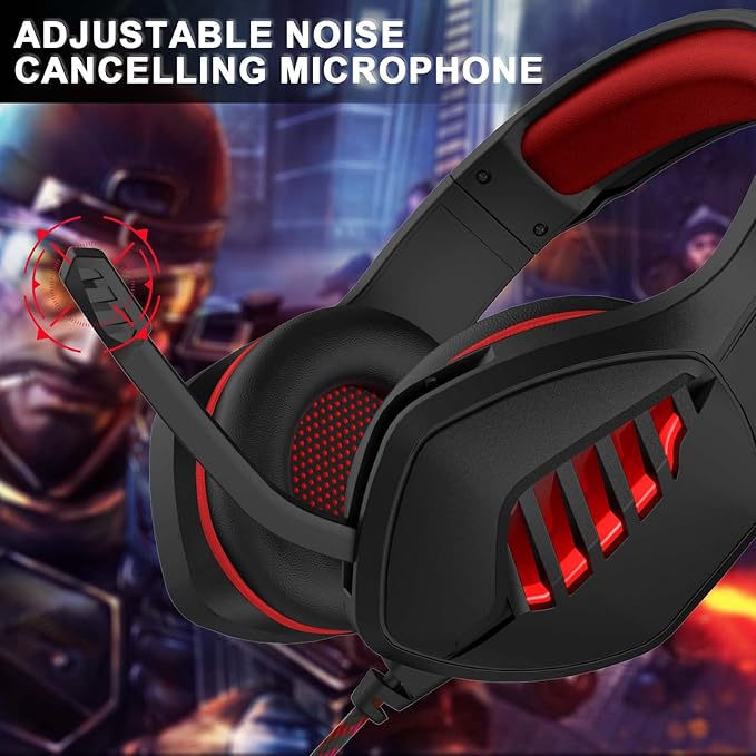Gaming Headset with Microphone - for PC, PS4, PS5, Xbox One, Xbox Series X|S - 3.5mm Jack Gamer Headphone with Noise Canceling Mic - Black&Red