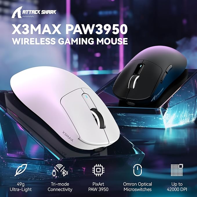 MAMBASNAKE Attack SHAKR X3MAX Wireless Gaming Mouse,PixArt PAW3950 42000 DPI,49g Ultralight Tri-Mode(BT5.4/2.4GHz/Wired), 1K Polling Rate Programmable Computer Mice for PC/MAC/Win - White