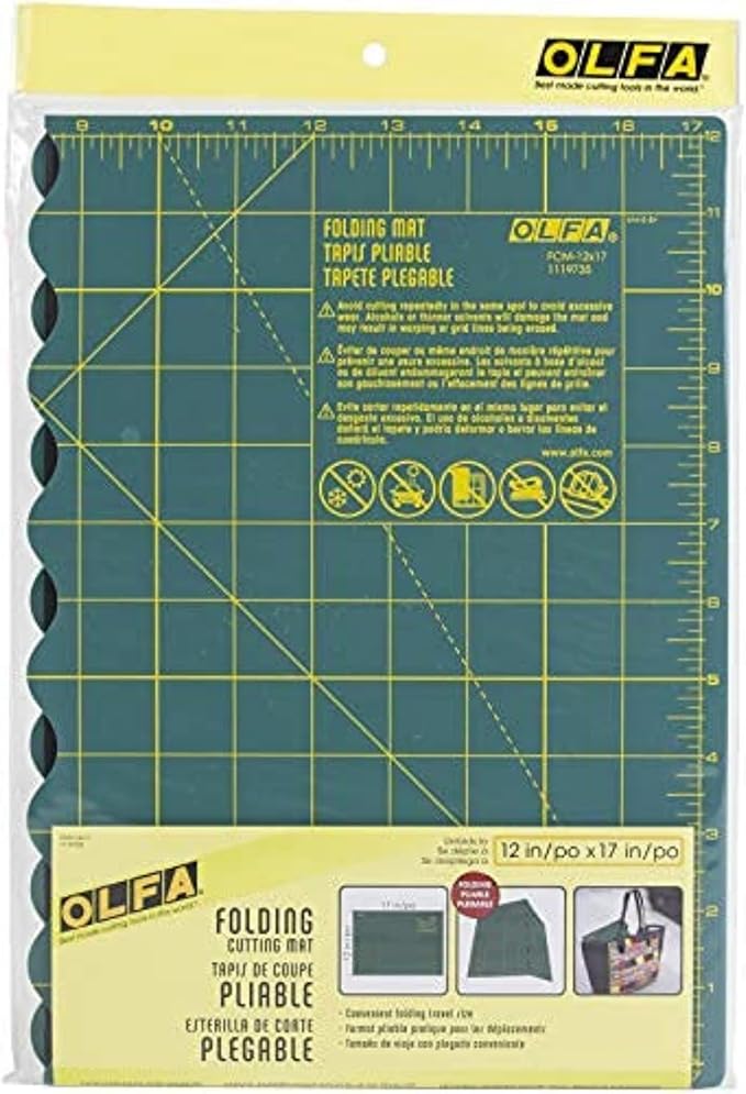 OLFA 12" x 17" Folding Cutting Mat (FCM-12x17) - Self Healing 12x17 Inch Foldable Rotary Mat with Grid for Quilting, Sewing, Fabric, & Crafts, Use with Rotary Cutters & Fixed Blade Knives (Green)