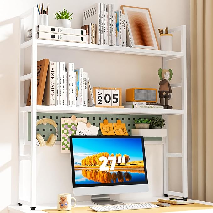 Brakki Desk Shelf, 35.43" Desk Hutch Bookshelf, Desktop Shelf with Pegboard for Computer Monitor, Metal Desktop Hutch Storage Organizer for Dorm Home Office, 2 Tier Bookcase, White
