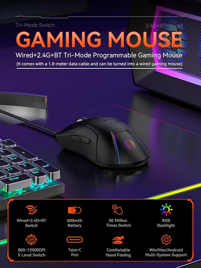 FMOUSE Wireless Gaming Mouse, PAW3311 Sensor, 12,000 DPI, 1,000Hz, Tri Mode (2.4G/Bluetooth/Wired), Ergonomic, USB C Rechargeable, 6 Programmable Buttons, Side Keys Mice for PC/Laptop/Mac (Black)