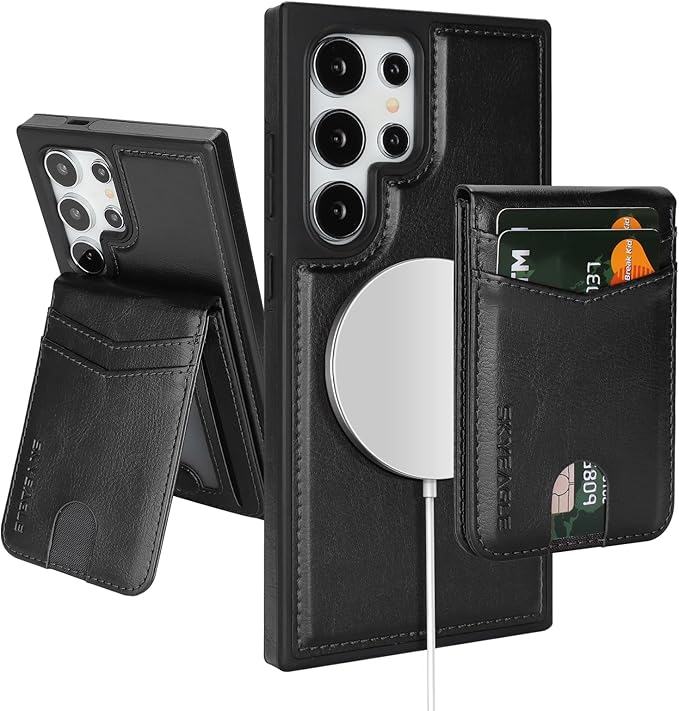 SkyEagle Compatible with Magsafe 2 in 1 Detachable Samsung Galaxy S25 Ultra Wallet Case with Card Holder,Women Men Magnetic PU Leather RFID Blocking Flip Kickstand Credit Slots,Black