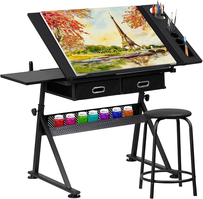 HomGarden Height Adjustable Drafting Desk Drawing Table Art Craft Work Station w/Stool, Storage Drawers for Home Office Study Room, Black